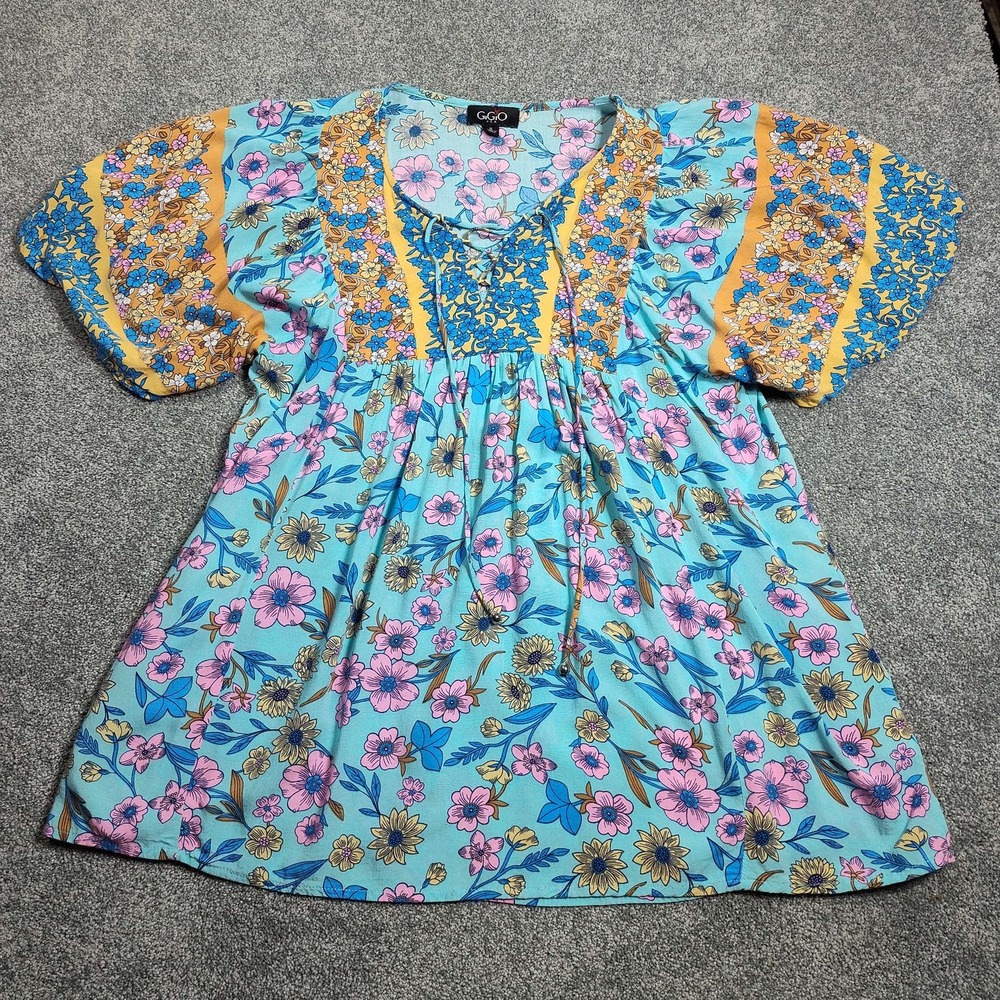 Gigio USA Womens Small Blue Floral Rayon Lace Up Boho Peplum Top TC1264